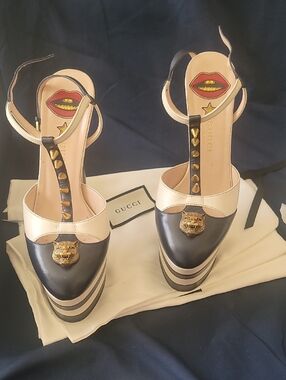 Gucci Black and Cream Platform T-Strap Slingback Heels with Gold Lion